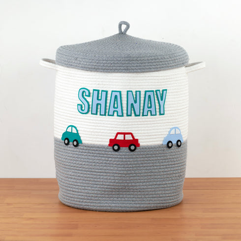 Little Cars- Grey Rope Basket With Lid